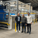 TEXCOM invests in state-of-art BRÜCKNER Power-frame stenter Photo from left to right: Ronaldo Huber (MAPEKO), Esteban Scigliano (TEXCOM) and Rodrigo Huber (MAPEKO) in front of one of the two new BRÜCKNER POWER-FRAME stenters