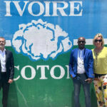 Better Cotton Hosts Multistakeholder Event in West Africa Location: Abidjan, Cote D’Ivoire, 2023. Description: Damien Sanfilippo, Senior Director of Programmes, Better Cotton (left), Abdoul Aziz Yanogo, Regional Manager for West Africa, Better Cotton (centre right), Lisa Barratt, Africa Operations Manager, Better Cotton (right). Photo - Better Cotton.
