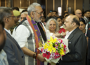 RSWM unveils 'Sutradhaar' at Bharat Tex 2026, showcasing India's textile journey from tradition to tomorrow 1 Shri Giriraj Singh, Hon'ble Minister of Textiles, Government of India, visits the RSWM pavilion at Bharat Tex 2026 and interacts with Mr. Rajeev Gupta, Joint Managing Director, RSWM Limited.